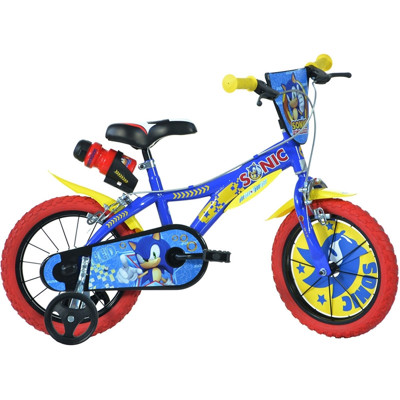 Bicicleta copii, Dino Bikes, Sonic, Roti ajutatoare, Suport cu sticla de apa, 16 inch, Cadru din otel, Pana la 125 cm, Blue/Red