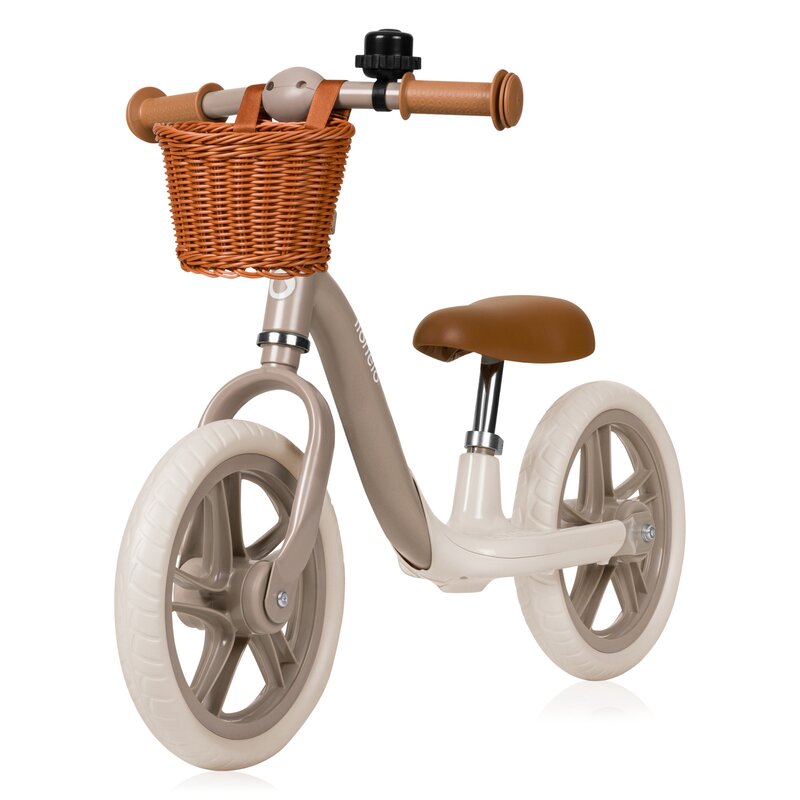 Bicicleta fara pedale, Lionelo, Alex Plus, Usoara, Cu ghidon si sa reglabile, Include cos depozitare si sonerie, Din otel, Cu roti din spuma EVA, 12 inch, Beige Sand