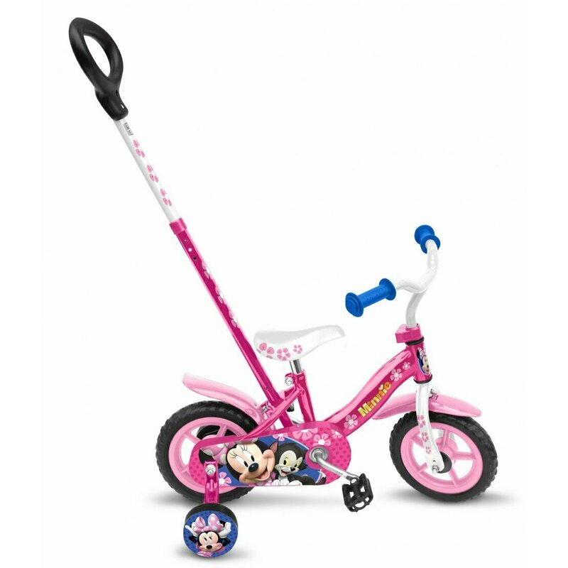 Stamp - Bicicleta cu pedale , Minnie Mouse, 10 , Cu roti ajutatoare, Cu bara de impins, Roz