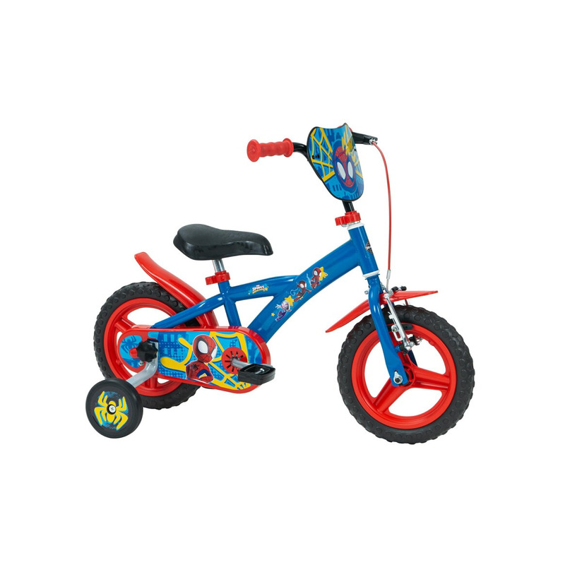 Bicicleta pentru copii, Huffy, Disney Spider-Man, 12 inch, Cu roti ajutatoare si cosulet frontal, Sistem de franare frontal, Albastru