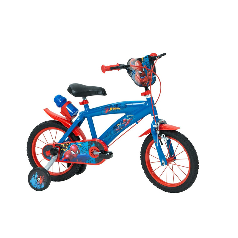 Bicicleta pentru copii, Huffy, Disney Spider-Man, 14 inch, Cu roti ajutatoare si suport pentru sticla de apa, Albastru