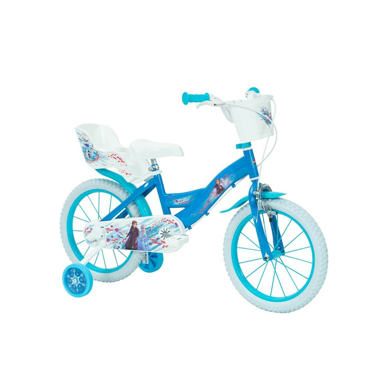 Bicicleta pentru copii, Huffy, Disney Frozen, 16 inch, Cu roti ajutatoare si cosulet frontal, Cu scaunel pentru papusi, Albastru