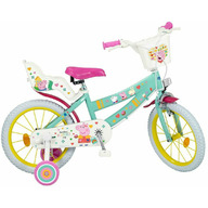 Bicicleta pentru copii, Toimsa, Peppa Pig, 16 inch, Cu roti ajutatoare si cosulet frontal, Cu scaunel pentru papusi, Verde