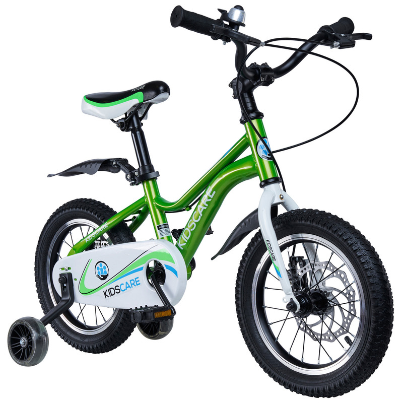 bicicleta copii 3 ani cu roti ajutatoare Bicicleta pentru copii 2-4 ani HappyCycles KidsCare, roti 12 inch, cu roti ajutatoare si frane pe disc, verde