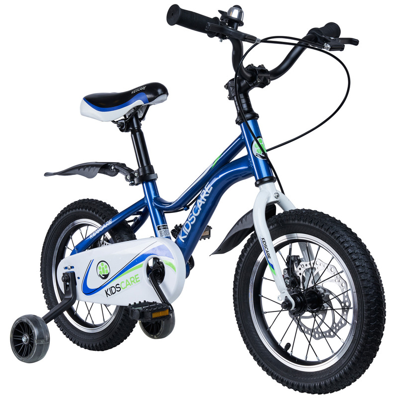 bicicleta copii 3 ani cu roti ajutatoare Bicicleta pentru copii 3-6 ani HappyCycles KidsCare, roti 14 inch, cu roti ajutatoare si frane pe disc, albastru