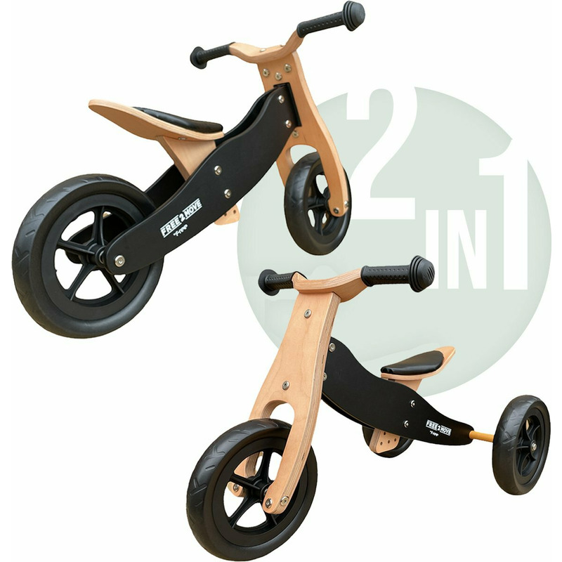 Bicicleta/tricicleta fara pedale, Free2Move, Din lemn, 2 in 1, Functie de bicicleta echilibru, Sa reglabila, Manere antiderapante, Roti ajustabile, 18 luni - 3 ani, Conform cu standardele europene EN71-1;2018, EN71-2:2020, EN71-3:2021, Brown Black