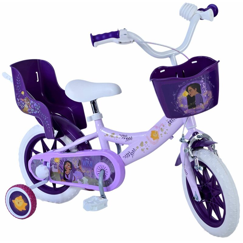 Bicicleta, Volare, Disney Wish, Cu pedale, Cu roti ajutatoare, 12 inch, Cu cosulet frontal, Cu scaunel pentru papusa, 3 ani+, Violet