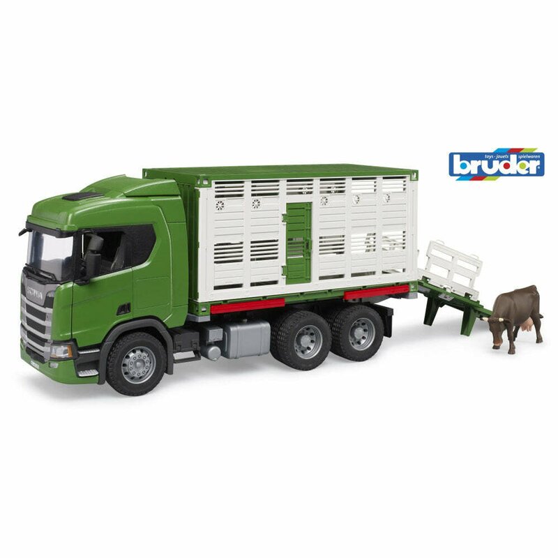 Camion transport bovine, Bruder, Scania Super 560R, Cu 2 usi laterale ce pot fi deschise, 3 ani+, Verde