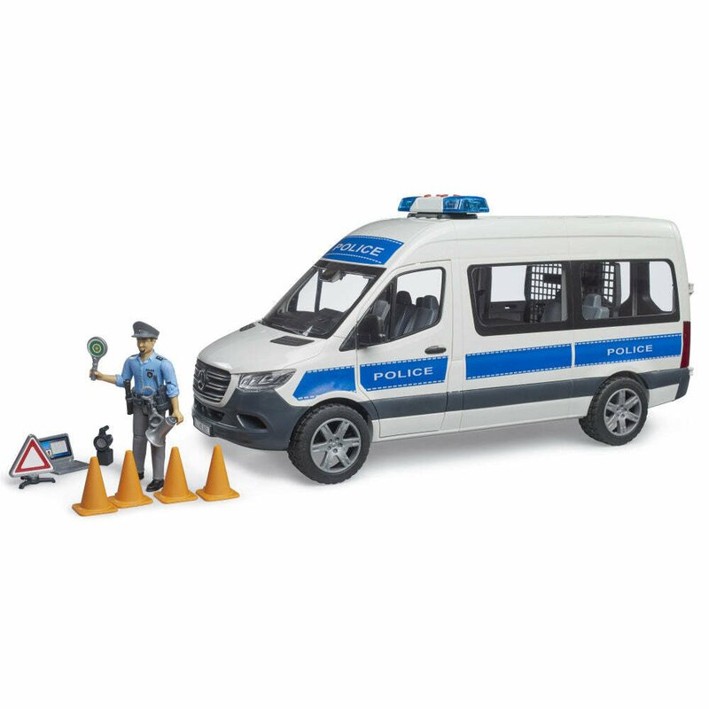 Masina politie, Bruder, Duba Mercedes Benz, Cu politist, Cu usi culisante, 4 ani+, Multicolor