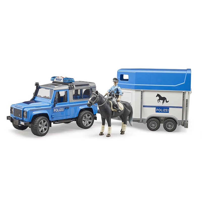 Bruder - masina de politie land rover defender , cu remorca, cu cal, cu politist