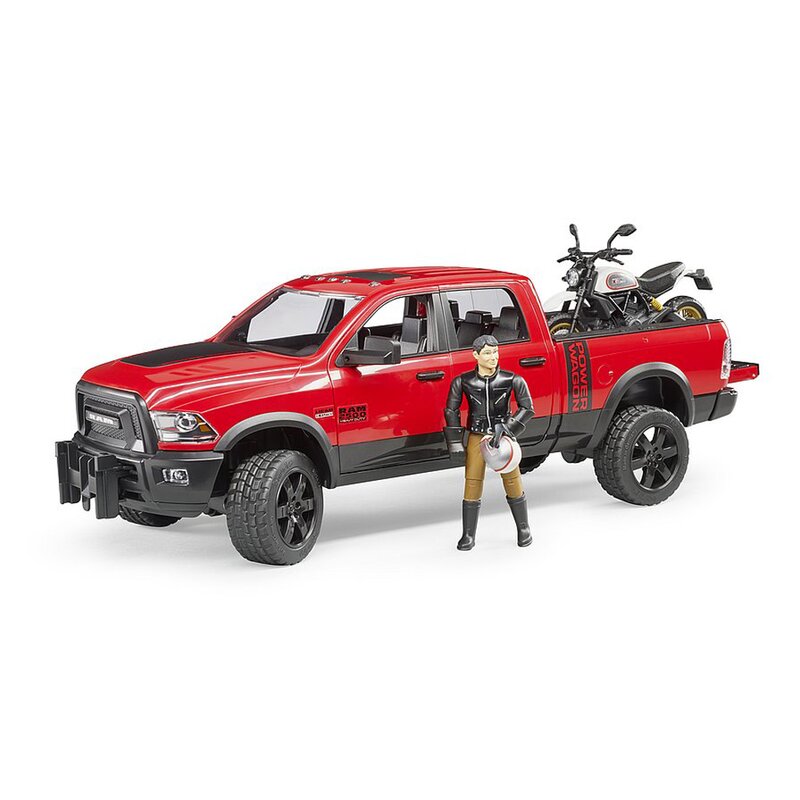Bruder - masina de teren ram 2500 , cu sofer, cu motocicleta scrambler ducati desert