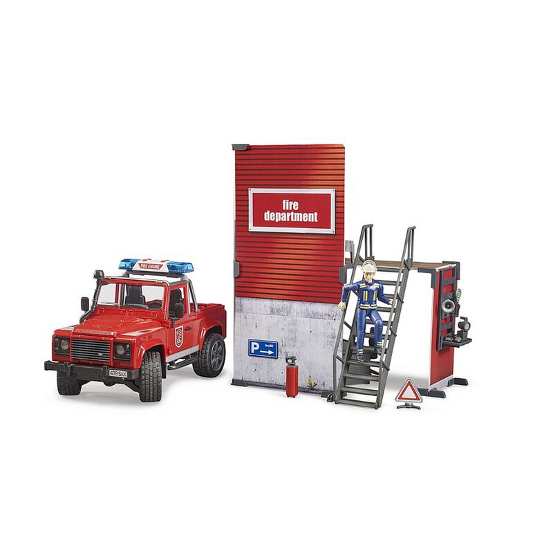 Bruder - set de joaca statie de pompieri , cu land rover defender, cu pompier
