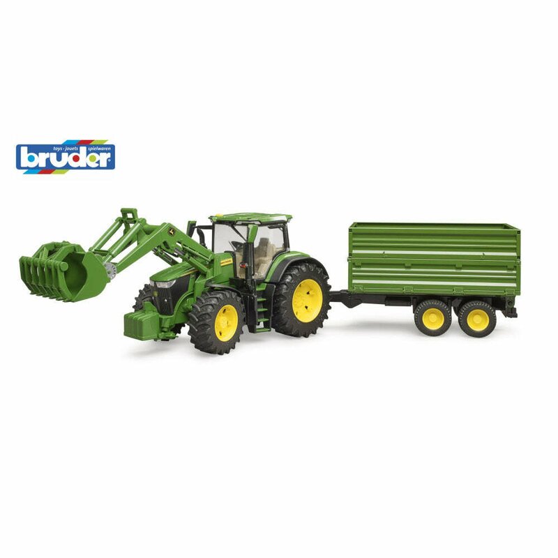 Tractor, Bruder, John Deere 7R 350, Cu incarcator frontal si remorca basculanta pe osie, 3 ani+, Verde