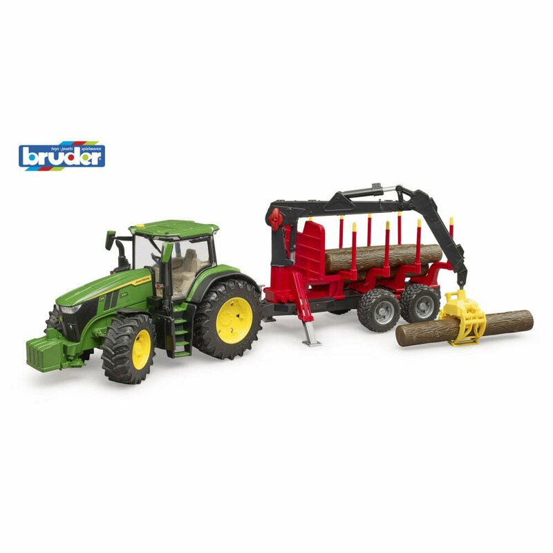 Tractor, Bruder, John Deere 7R 350, Cu remorca forestiera si 4 busteni, 3 ani+, Verde