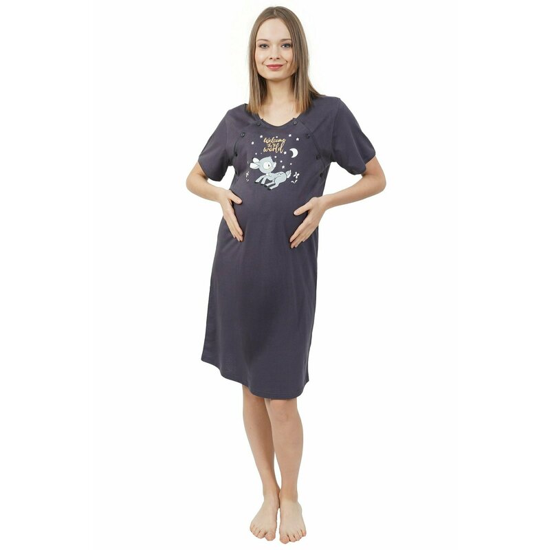 SassyMood - Camasa de noapte pentru sarcina si alaptare , Indigo , Cu model caprioara din Bumbac, L