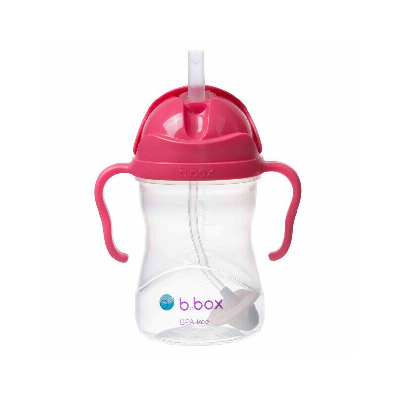 B.box - cană cu pai de la , 240 ml, +6 luni, roz zmeură