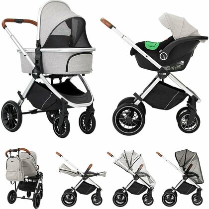Carucior 3 in 1, FreeON, Joy, Reversibil, Cu cadru din aluminiu, Scoica auto, Husa picioare, Geanta mamici si accesorii, Conform cu standardele europene EN1888-1:2018+A1:2022, Gri