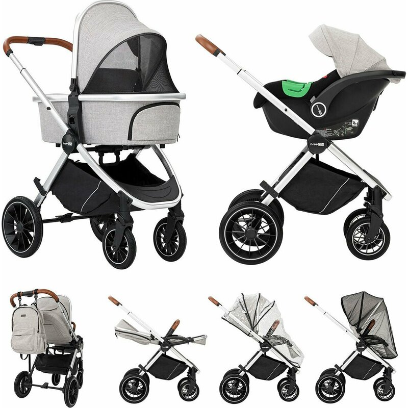 Carucior 3 in 1, FreeON, Joy, Reversibil, Cu cadru din aluminiu, Scoica auto, Husa picioare, Geanta mamici si accesorii, Conform cu standardele europene EN1888-1:2018+A1:2022, Gri