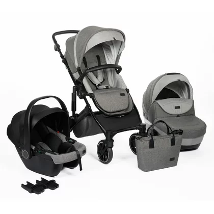 Carucior 3 in 1, FreeON, Trio Comfort, Cu cadru din aluminiu, Cu landou intarit, Reversibil, Scoica auto, Parte sport cu sezut reversibil, Geanta pentru mamici, Conform cu standardele europene de securitate EN 1888:2018 si ECE R44/04, Grey