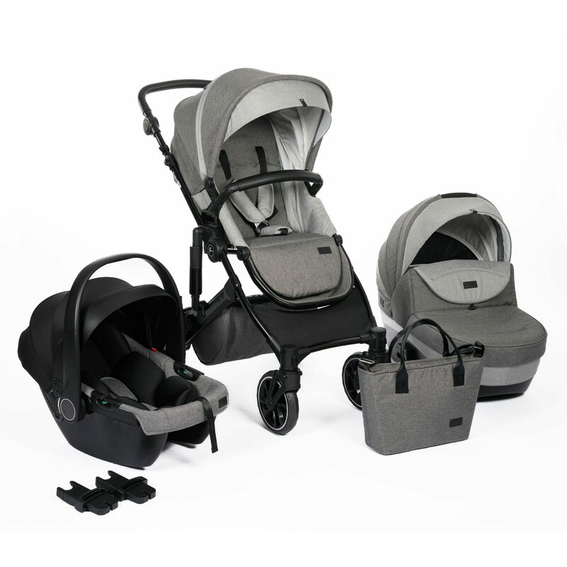 Carucior 3 in 1, FreeON, Trio Comfort, Cu cadru din aluminiu, Cu landou intarit, Reversibil, Scoica auto, Parte sport cu sezut reversibil, Geanta pentru mamici, Conform cu standardele europene de securitate EN 1888:2018 si ECE R44/04, Grey