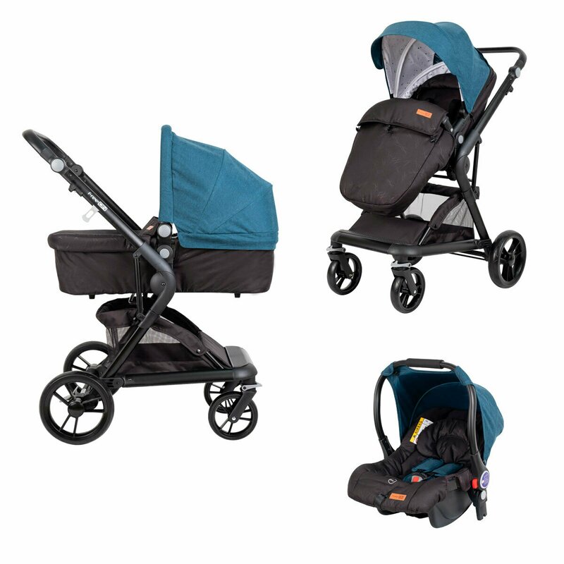 Carucior 3 in 1, trio vivere, cu landou, scoica auto, parte sport, husa de picioare, freeon, blue