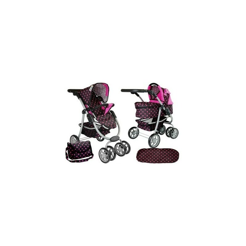 Carucior pentru papusi, negru cu buline roz, 2 in 1, LeanToys, 7706