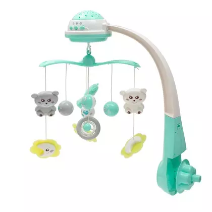 Carusel muzical, BabyMix, Pentru patut bebelusi, Cu proiectii, Cu melodii si sunete ale naturii, Cu 10 jucarii si ceas de jucarie pe suport, Mint