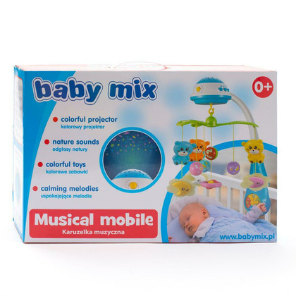 Carusel muzical pentru patut bebelusi, Cu proiectii, Cu melodii si sunete ale naturii, Cu 10 jucarii si ceas de jucarie pe suport, Baby Mix, Mint