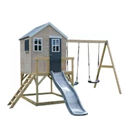 Casuta de gradina Grey Lodge cu platforma, tobogan si leagan dublu (M28G), Wendi Toys