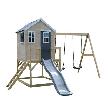 Casuta de gradina Grey Lodge cu platforma, tobogan si leagan dublu (M28G), Wendi Toys