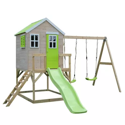 Casuta copii, de gradina Lime Lodge cu platforma, tobogan si leagan dublu (M28L), Wendi Toys