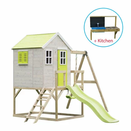 Casuta de gradina Lime Lodge cu tobogan, leagan, bucatarie, Wendi Toys