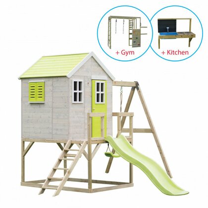 Casuta de gradina Lime Lodge cu tobogan, leagan, modul sport si bucatarie, Wendi Toys