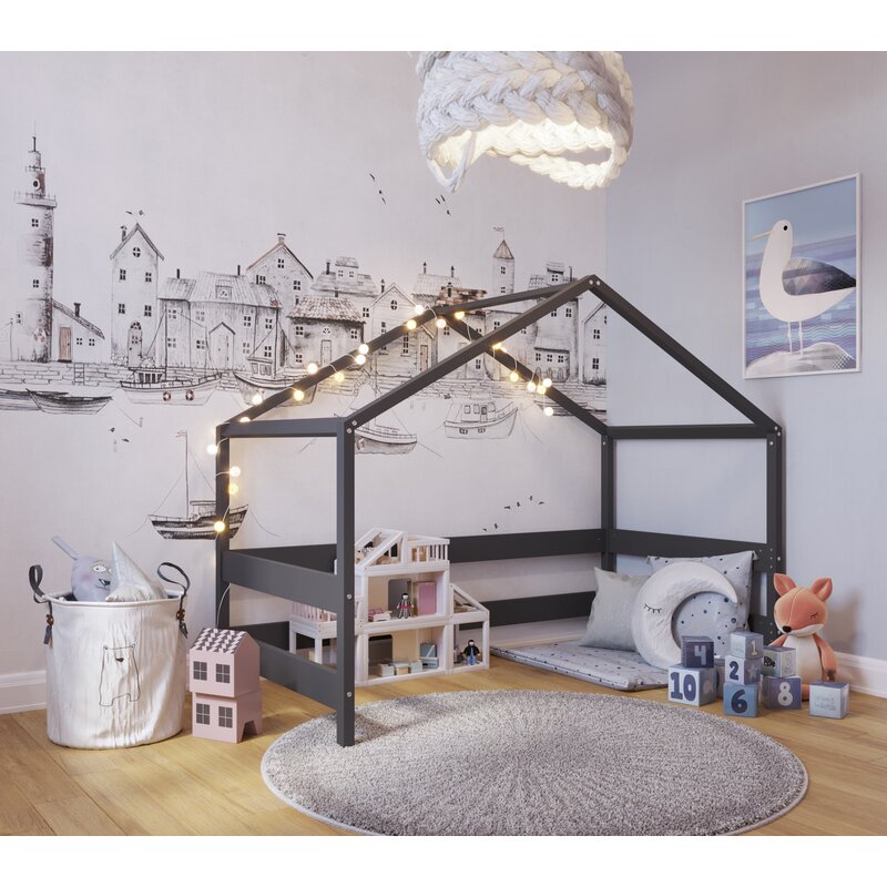 Casuta din lemn copii, 169x89x135 cm, Din lemn certificat FSC, In stil scandinav, Antracit, YappyKids, YappyHytte House