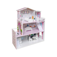 Casa de papusi, din lemn, Dimensiune mare 70 x 24 x 70 cm, Construita pe 3 niveluri cu 3 camere, Accesorizata cu mobilier, Free2Play, Pink
