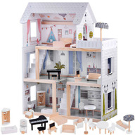 Casa de papusi, din lemn pentru papusi, cu etaj si mansarda, lumini LED, accesorii, 78 x 61, 5 x 26, 5 cm, Jokomisiada, ZA4131