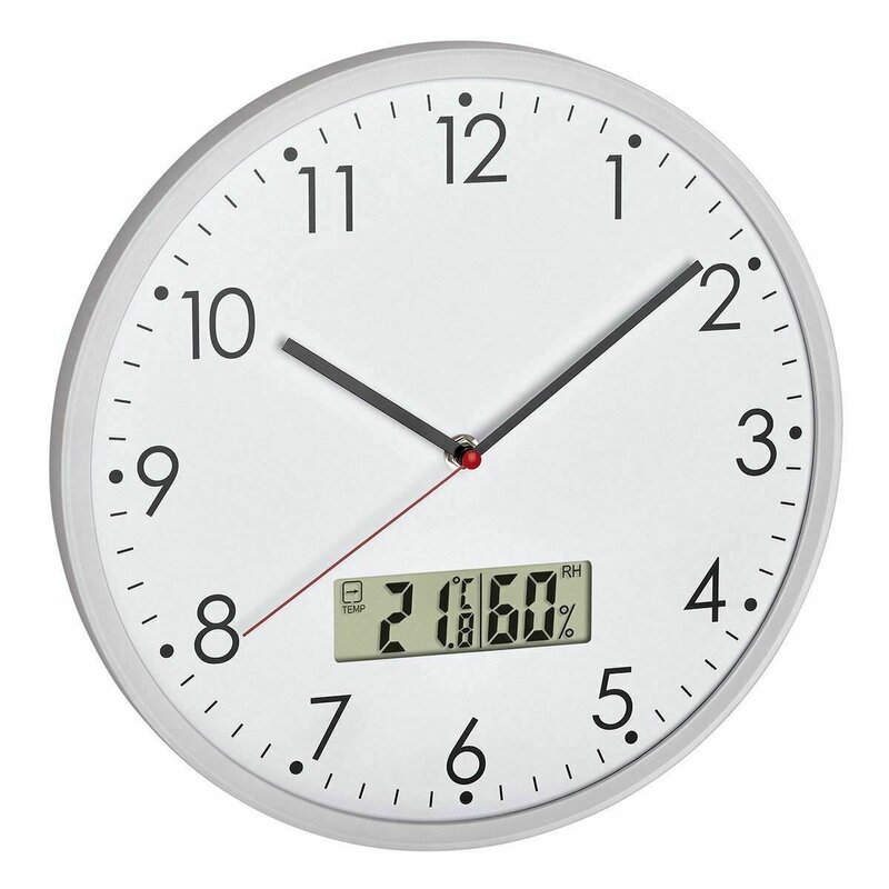 ceas de perete cu termometru si higrometru Ceas analog silentios de perete, cu termometru si higrometru digital, alb, TFA 60.3048.02