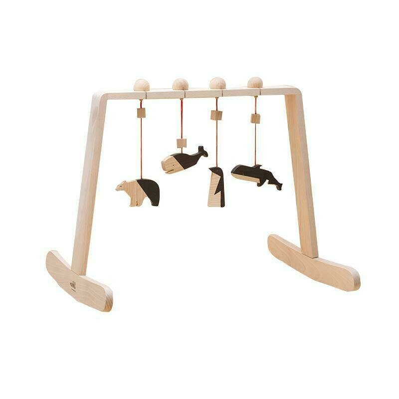 Mobbli - centru de activitati pentru bebelusi baby gym, cu 4 jucarii natur-negru animale, lemn,