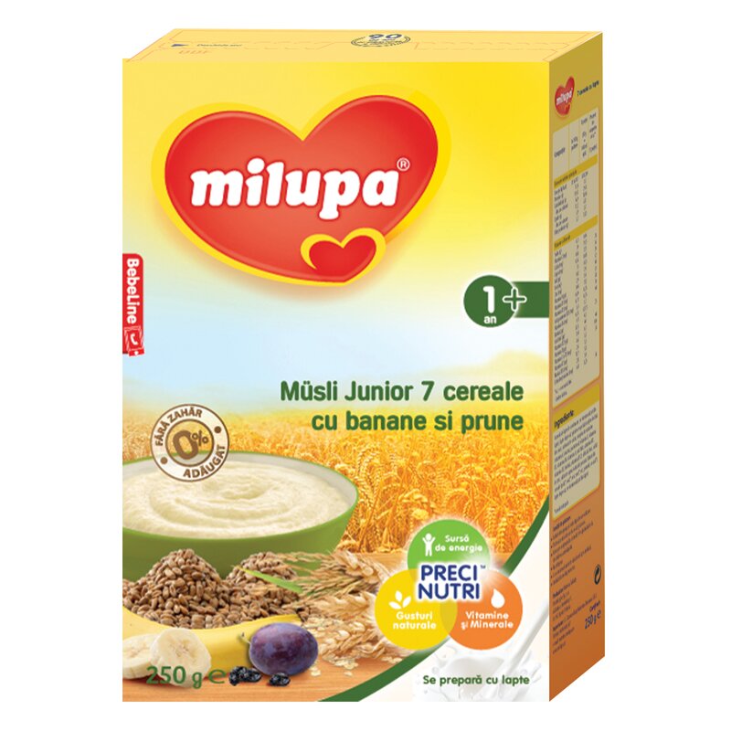 Milupa - Cereale fara lapte, Musli Jr 7 cereale cu banane si prune, 250g, 12luni+