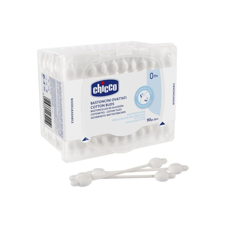 Betisoare de urechi , Chicco, Cu protectie, 90 buc, 100% bumbac absorbant, Alb