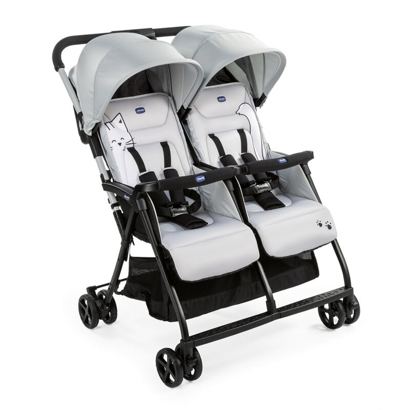 Carucior gemeni, Chicco, Ohlala Silver Cat, Ultra usor si compact, 8 kg, 0 luni+, Gri