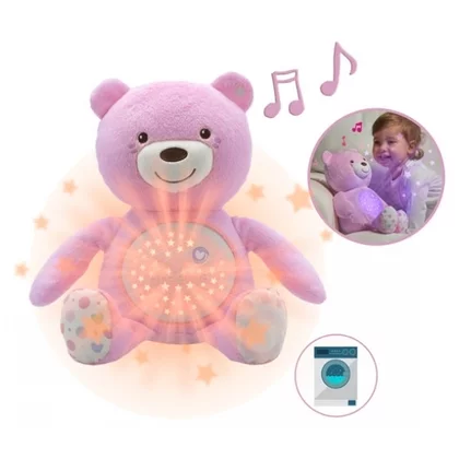 Lampa de veghe, Chicco, Ursulet, Cu proiectii, Cu 30 minute de melodii si sunete ale naturii, Lavabila in masina de spalat, 0 luni+, Roz