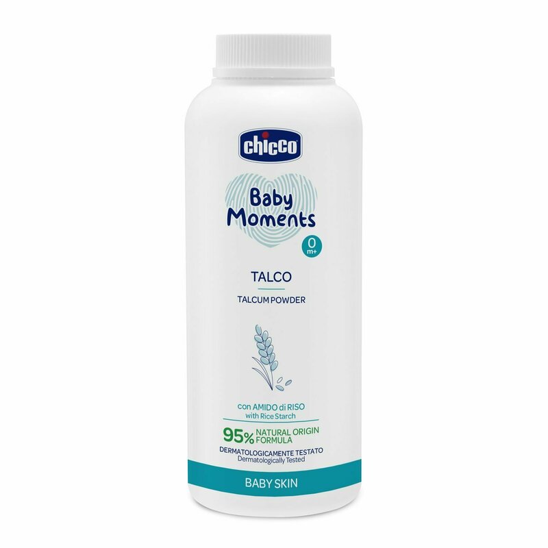 Pudra de talc dermatologica, Chicco, Din amidon de orez, Baby Moments Baby Skin, 95% ingrediente naturale, 150 g, 0 luni+
