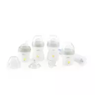 Set biberoane, Chicco, Include 2 x biberoane 150 ml, 2 x biberoane 250 ml, 1 x tetina, 1 x suzeta, 1 x perie de curatare, Silicon, 0 luni+, Transparent