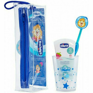 Set igiena orala, Chicco, Pentru copii, Pentru calatorii, Include pasta de dinti, periuta, pahar si husa, 3 ani+, Albastru