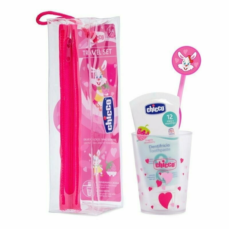 Set igiena orala, Chicco, Pentru copii, Pentru calatorii, Include pasta de dinti, periuta, pahar si husa, 3 ani+, Roz