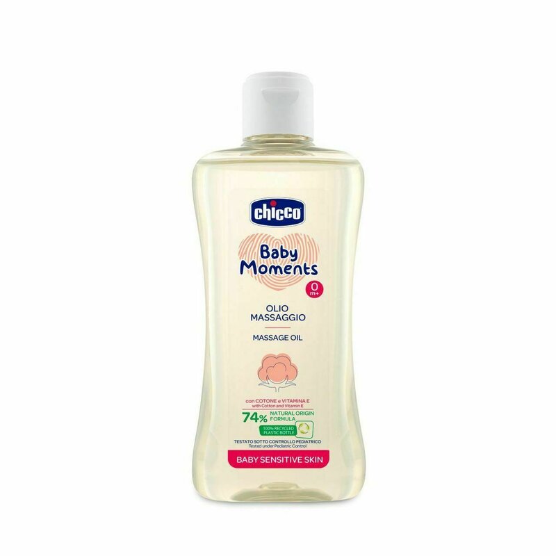 Ulei de masaj, Chicco, Pentru pielea sensibila a bebelusului, Cu extract de vitamina E si bumbac, 200 ml