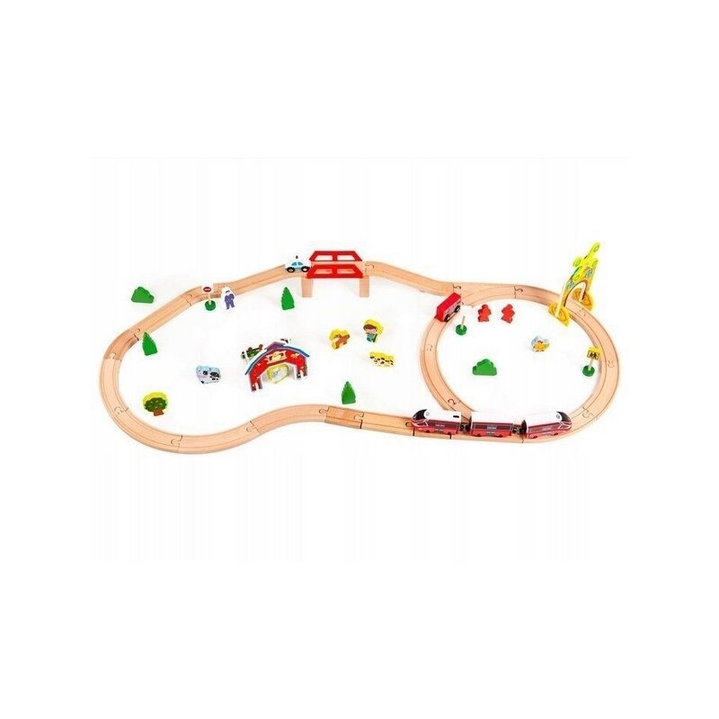 Ecotoys - tren din lemn circuit hm180995 cu 53 de piese