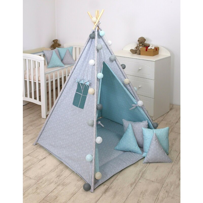 Amy - cort de joaca cube reversibil, cu saltea impermeabila inclusa indian teepee din bumbac, gri/verde