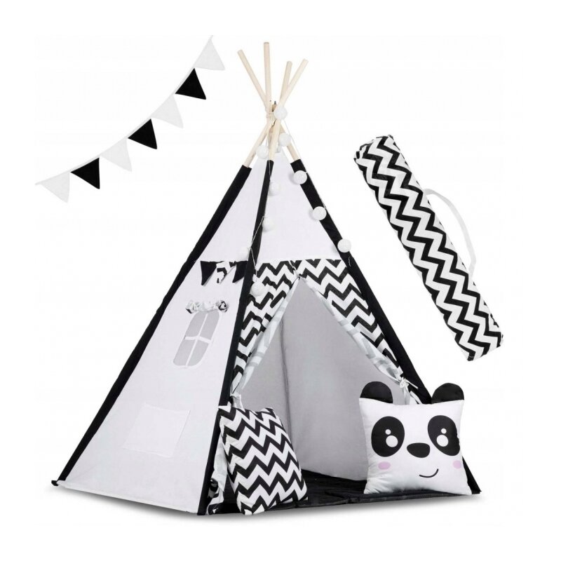 Ricokids - Cort de joaca pentru copii cu ghirlanda,lumini si 2 pernite 740005, 120 X 120 X 165 cm - Panda